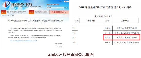 喜訊丨揚力集團總工程師仲太生榮獲“2018年度企業(yè)知識產(chǎn)權(quán)工作先進個人”榮譽稱號！